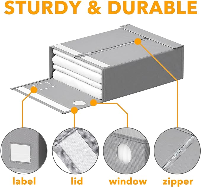 SpaceAid 2 Pack Bed Sheet Organizers and Storage, Foldable Sheet Organizer for Linen Closet, Sheets Set Folder Keeper with Window XL (Queen & King Size) Organizing Bedding Container, Gray