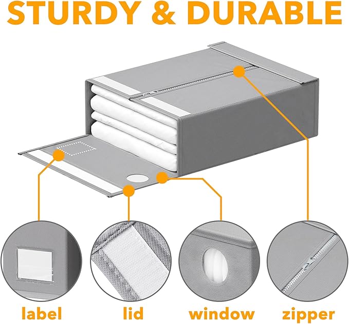 SpaceAid 4 Pack Bed Sheet Organizers and Storage, Foldable Organizer for Linen Closet, Sheets Set Folder Keeper with Window XL (Queen & King Size) Organizing Bedding Container, Gray 91ZDSN-SL01-G4