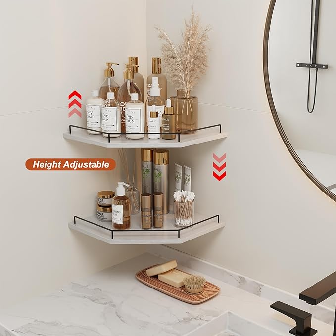 JJL Corner Shelf Wall Mounted, 12 Inches 2-Tier Floating Corner Shelf, Hexagon Rustic Wood Decor with Fence, White Floating Shelves for Apartment Bedroom Kitchen Bathroom