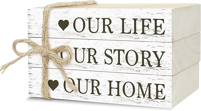 Decorative Books For Home Decor, Rustic Wood Book Stack For Table Decor, Our Life Our Story Our Home Decor Books For Living Room Bookshelf, Farmhouse Stacked Books Decor (L17)