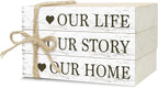 Decorative Books For Home Decor, Rustic Wood Book Stack For Table Decor, Our Life Our Story Our Home Decor Books For Living Room Bookshelf, Farmhouse Stacked Books Decor (L17)