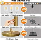 Dimmable Floor Lamp, 3 Light Brass Arc Floor Lamp, Modern Tall Standing Tree Lamp with White Linen Shades & Heavy Base, 3000LM LED Bulbs, Bright Lighting for Living Room, Bedroom, Office & Reading
