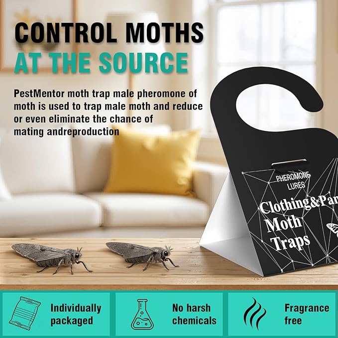 Moth Traps, Clothes Moth Killer for House Indoor Clothing- Glue Traps with Pheromones for Wool Closet Carpet Food, Sticky Trap Based Repellent for Closet, Kitchens - 5Pack