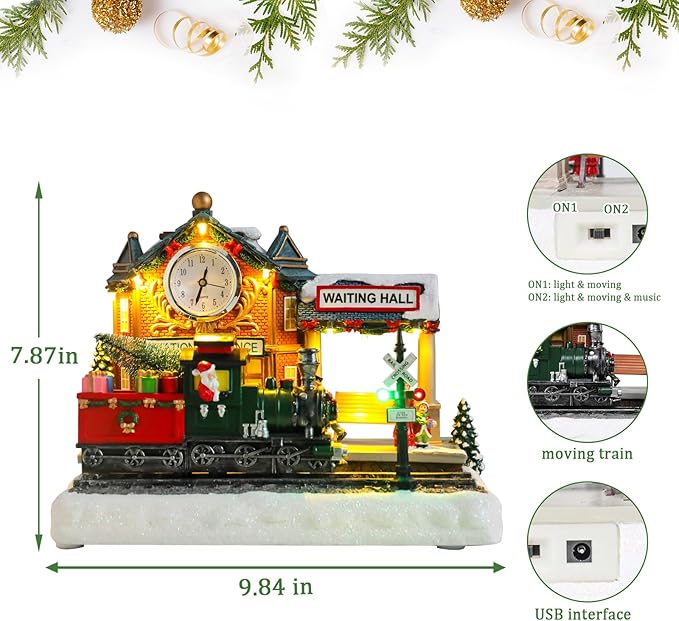 WONDER GARDEN Christmas Village Houses-Christmas Houses Village - Lighted Musical Railway Station Collectible Buildings with Moving Train for Home Indoor Decor or Gift