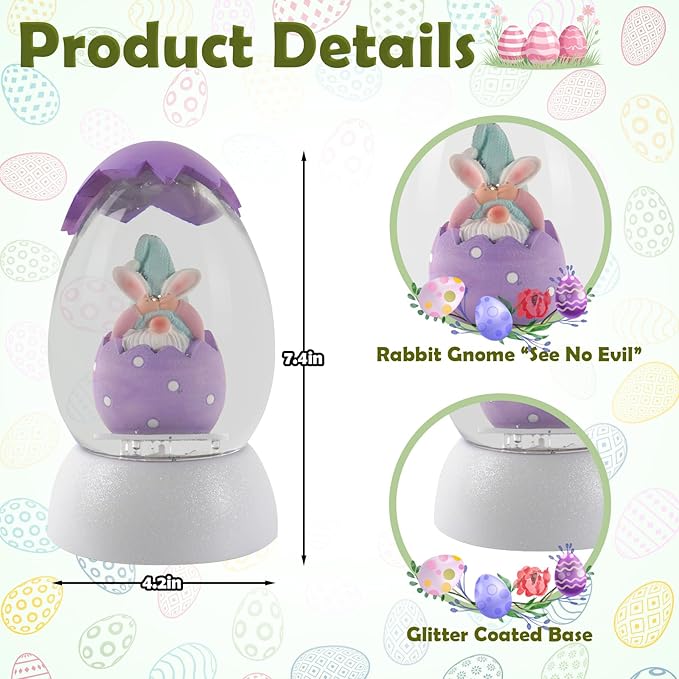 Gnome Easter Snow Globe, Easter Bunny Snow Globe Eggs Spring Decor with Swirling Glitter, 6H Timer, USB or Battery Powered, See No Evil Gnome Snowglobe for Tabletop Decor Gift 7.4 Inch (Purple)