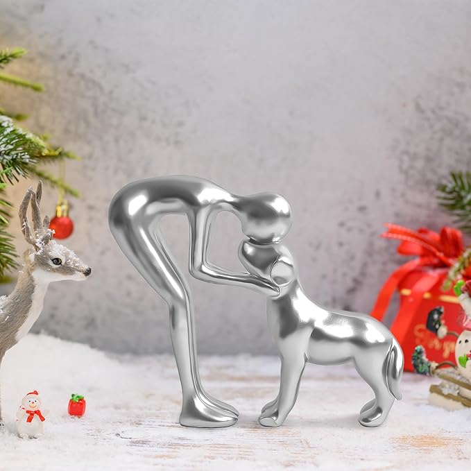 Cute Pet Sculpture Home Decor Man and Dog Statue Decoration for Office、Living Room、Bedroom、Home， Memory Gifts for Dog Lovers (Silver)