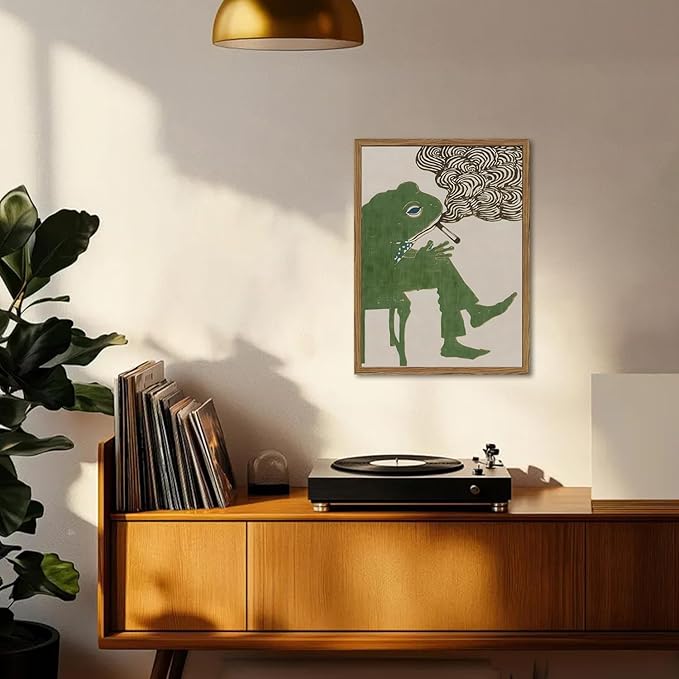 Funny Frog Smoking Wall Art Whimsical Green Frog Wall Decor Painting Cute Animal Bar Cart Poster Canvas Prints for Bedroom Living Room 12x16 inch Wood Framed