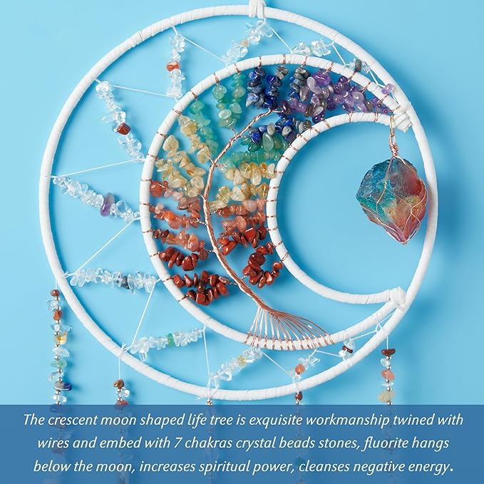 7 Chakras White Dream Catchers Tree of Life Dream Catcher Rainbow Feather Dreamcatcher Wall Decor with Healing Crystal & Fluorite Wall Art Hanging for Bedroom Home Decor Bless Gift Wedding Garden