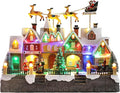 MUMTOP Christmas Village House with Flying Reindeer, Light Up Animated Town Building with Santa Sleigh for Indoor Holiday Xmas Tabletop Decor