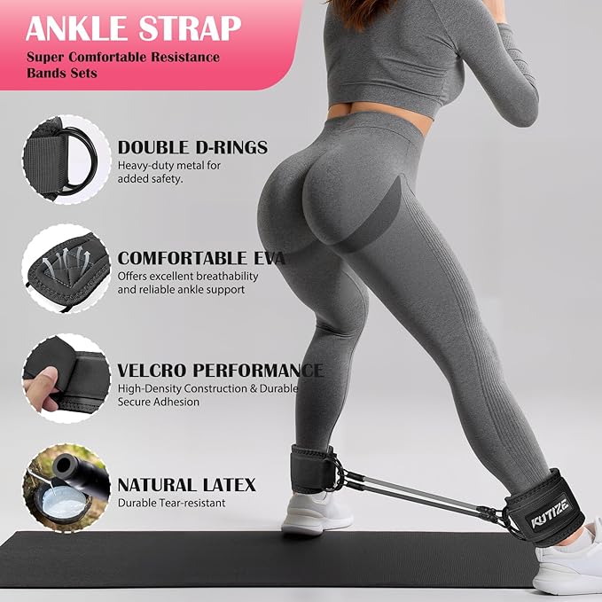 Ankle Resistance Bands with Cuffs & Fabric Resistance Bands Set - Legs & Glutes Workout Equipment for Women & Men, Home Gym Heavy Exercise Bands for Hip, Yoga, Strength Training, Rehab, Pilates