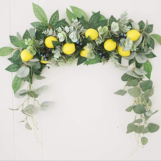 Firlar Artificial Flower Swag, 18 Inch Decorative Swag with Lemon Berry, Green Leaves Hanging Ornament Floral Swag Door Swag for Wedding Home Party Door Wall Decoration