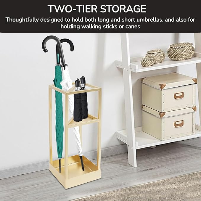 DouSeiAi 20 Inch Geometric Umbrella Stand, Metal Freestanding Umbrella Rack with Shelf, Entryway Organizer with Bottom Drip Tray for Drip Dry, Holds Umbrellas, Canes, Walking Sticks (Gold)