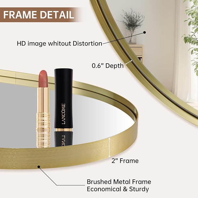 Gold Oval Mirror, 26"x38" Oval Bathroom Mirror, Brushed Gold Mirror with Aluminium Alloy Frame, Anti-Rust, Tempered Glass