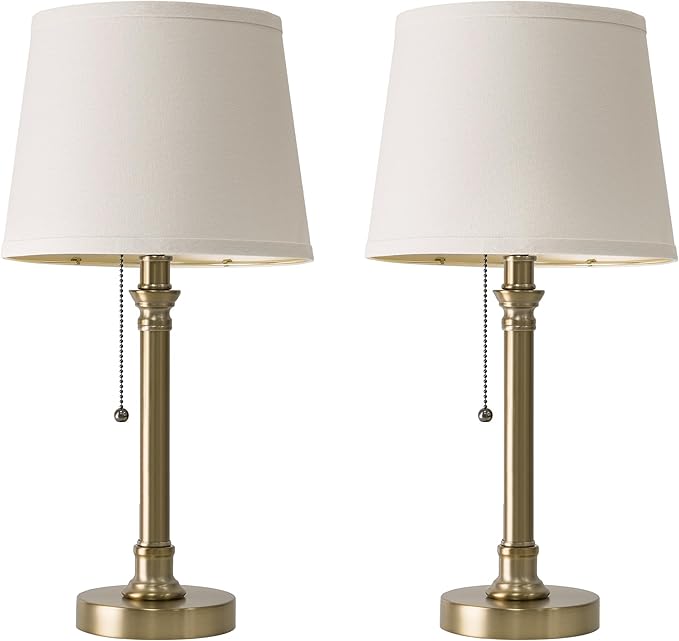 Oneach 19.5” Warm Gold Table Lamps Set of 2, Pull Chain Switch Bedside Table Lamps, Modern Nightstand Lamp with Linen Shade, Small Desk Lamp for Living Room, Bedroom, Home Office, Nursery