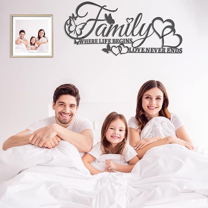 Family Where Life Begins Love Never Ends Word Wall Art Decor, Black Family Metal Wall Sign with Butterflies Heart, Iron Letters Hanging Sculpture for Kitchen Living Room Decoration (A)