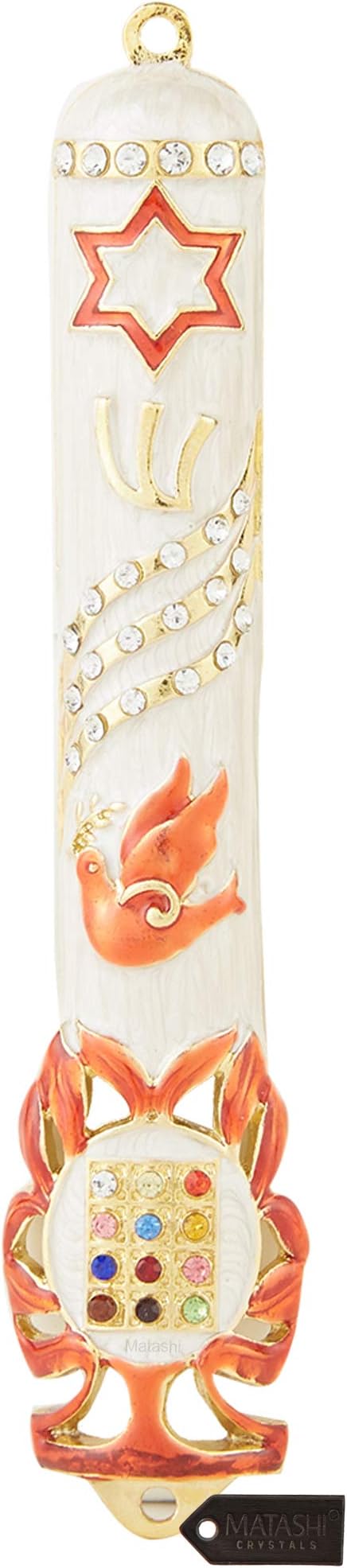 Matashi Hand Painted White Enamel Mezuzah Case Embellished with Star of David, Peace Dove, and Priestly Hoshen Breastplate with Crystals - Jewish Home Door Decor, Housewarming Judaica Gift