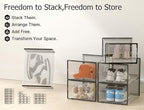 Kuject XXX-Large Shoe Storage Boxes Organizers Clear Plastic Stackable 12 Pack, Shoe Rack & Holder Substitute, Sneaker Containers, Toy Storage Organizer Bins for,Closet, Under Bed, Black(No Fold Line)