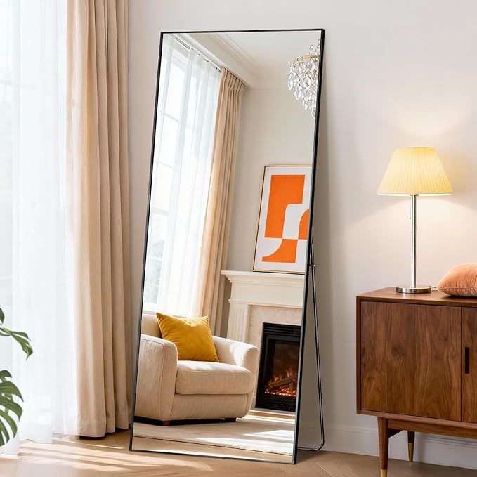 DUMOS 64"x21" Full Length Mirror with Stand, Floor Standing Aluminum Frame, ShatterProof Nano Glass for Bedroom, Living Room, Cloakroom Modern Simple Home Decor, Can Be Hanging, Leaning or Wall, Black