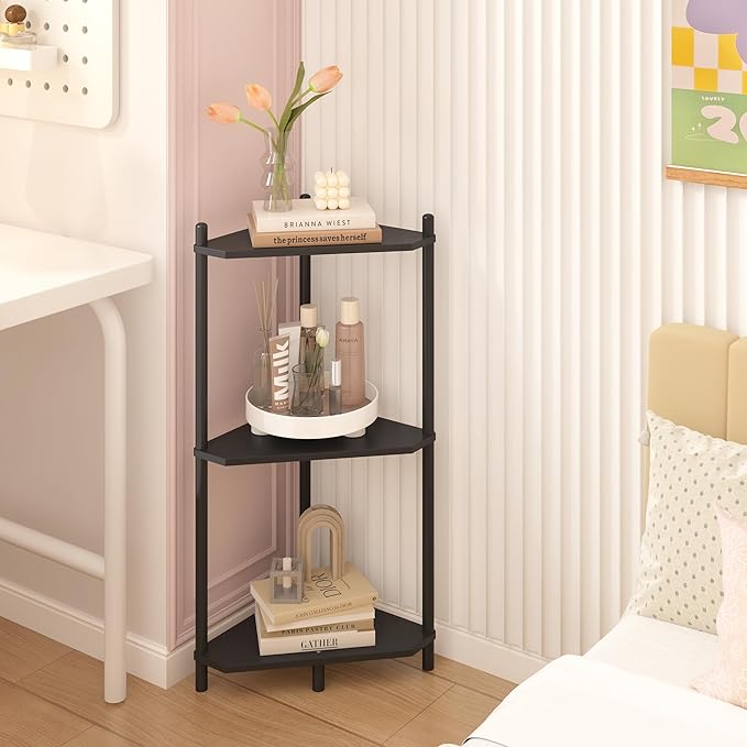 Wisuce Corner Shelf Stand - 3 Tier Bamboo Small Corner Bookshelf for Office Kitchen Bedroom Plant Stand Living Room Decor Small Space (Black)