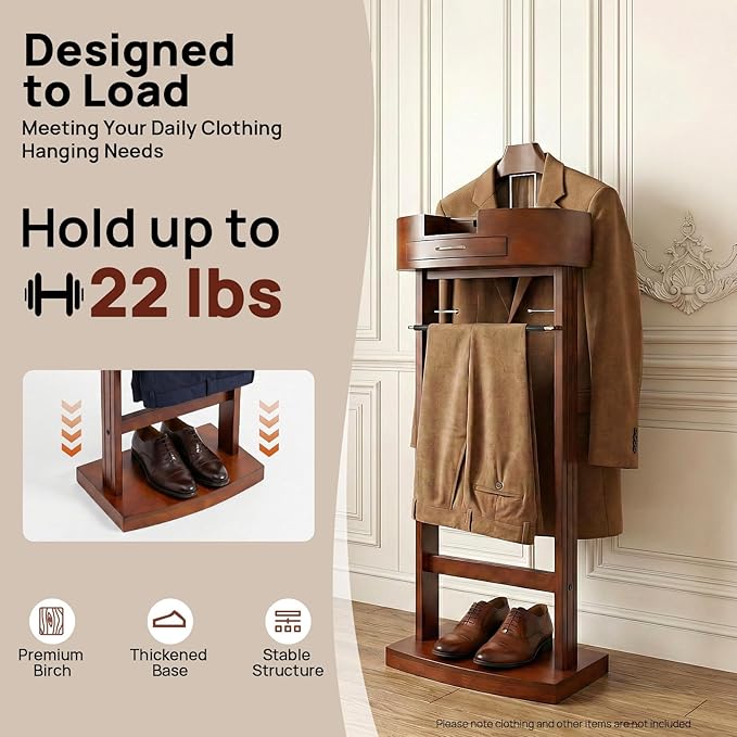 Wood Suit Rack for Men and Women, Freestanding Clothing Valet Stand with Drawer, Shoe Shelf and Hanging Suit, Valet Stands Coat Rack Suit Valet for Entryway Office Living Room (Brown)