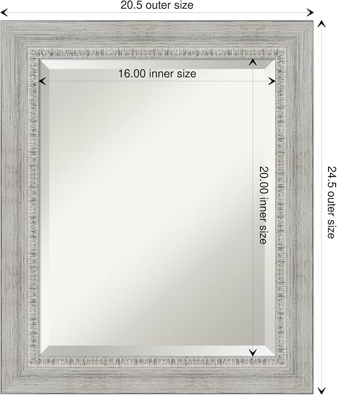 Amanti Art White Wall Mirror 24x20 Rustic White Wash Rectangle Bathroom Mirror for Wall Decor Living Room, Small Country Rustic Wood Frame, Hangs Horizonally and Vertically, Bathroom Decor, Beveled