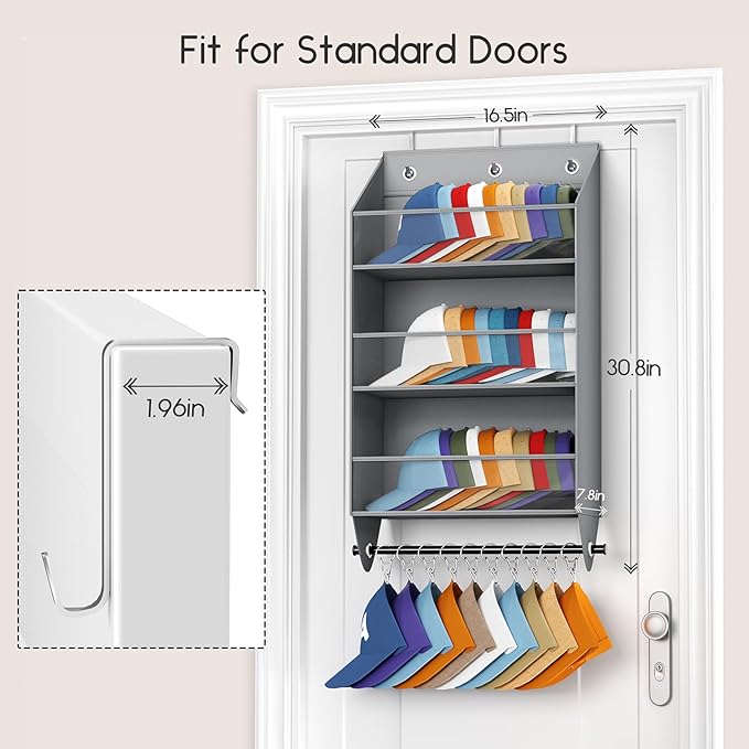 Over the Door Hat Rack - 3-Layer Design Hat Organizer Holds 30-36 Hats with 10 Hooks, Ideal Hat Rack for Door, Over the Door Organizer for Closet, Apartment, Bedroom, Dorm, 1 Pack, Grey