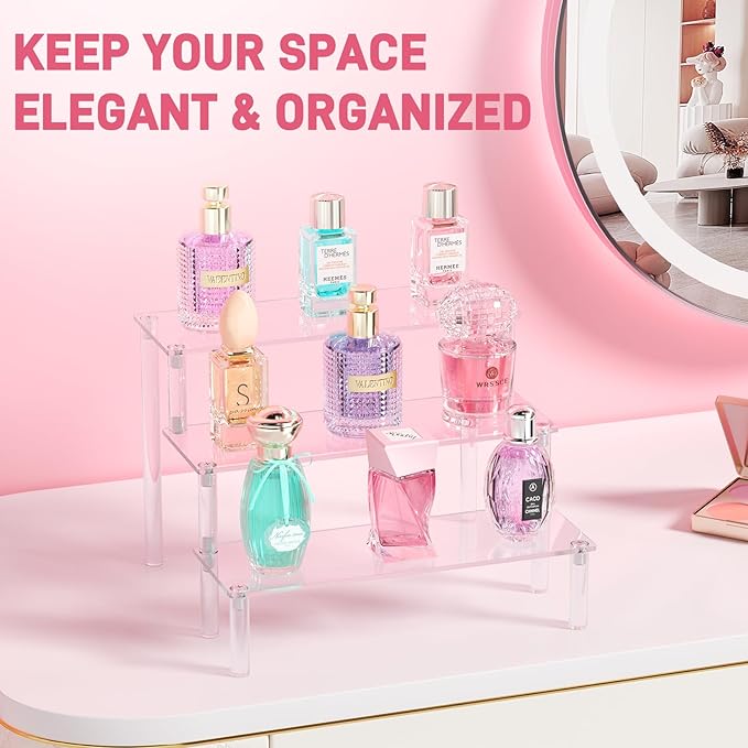 2 Packs Acrylic Display Stand Riser,3 Tier Perfume Organizer Cupcake Stand Acrylic Pop Shelves Holder,Clear Desk Display Shelf for Figure,Trinket,Collectibles,Dessert Tray Stands for Party Decor-7.9in