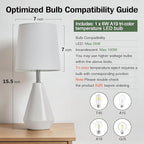 Small Bedside Table Lamp for Bedroom - Reading Desk Lamp with 3 Color Temperatures，15.5" Nightstand Ceramic Lamp with Fabric Shade for Kids Room,Living Room,Dorm,Home Office (White)