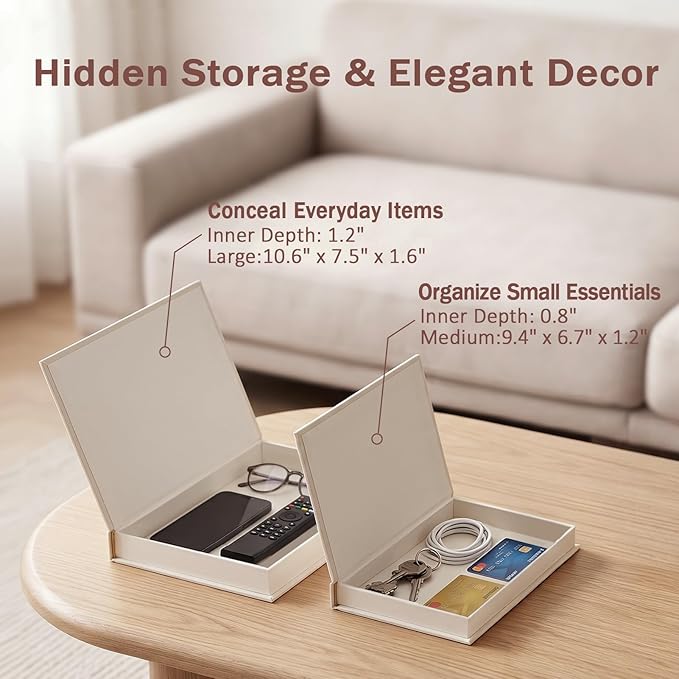 Set of 2 Premium Linen Decorative Books with Hidden Storage - Stackable Faux Book Box for Coffee Table Styling & Organization, Real Fabric Cover Fake Books as Display Riser for Shelf & Entryway
