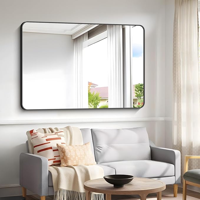 BONEWEI 55x36 inch Bathroom Mirror,Black Rectangle Mirror,Wall Mounted Bathroom Frame Vanity Mirror with Round Corner for Bedroom Living Room, Entryway Hangs Horizontal or Vertical