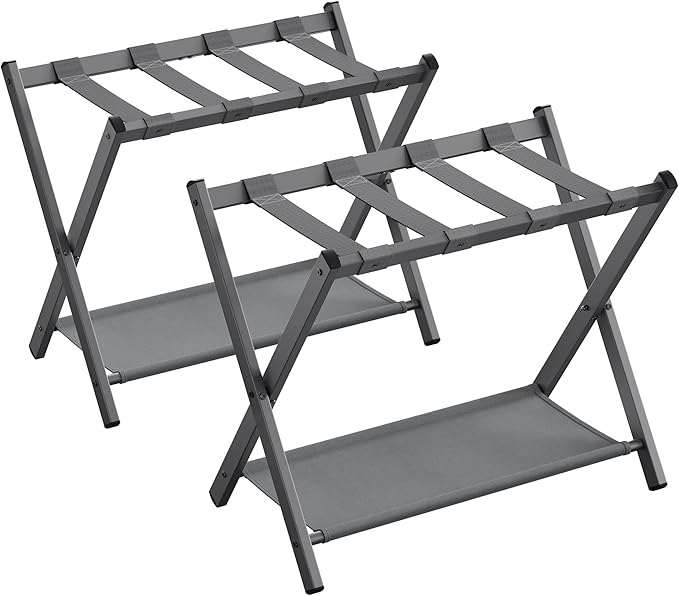 SONGMICS Luggage Racks for Guest Room, Set of 2, Suitcase Stand with Storage Shelf, Steel Frame, Foldable for Easy Storage, Hotel, Bedroom, Slate Gray URLR003G02
