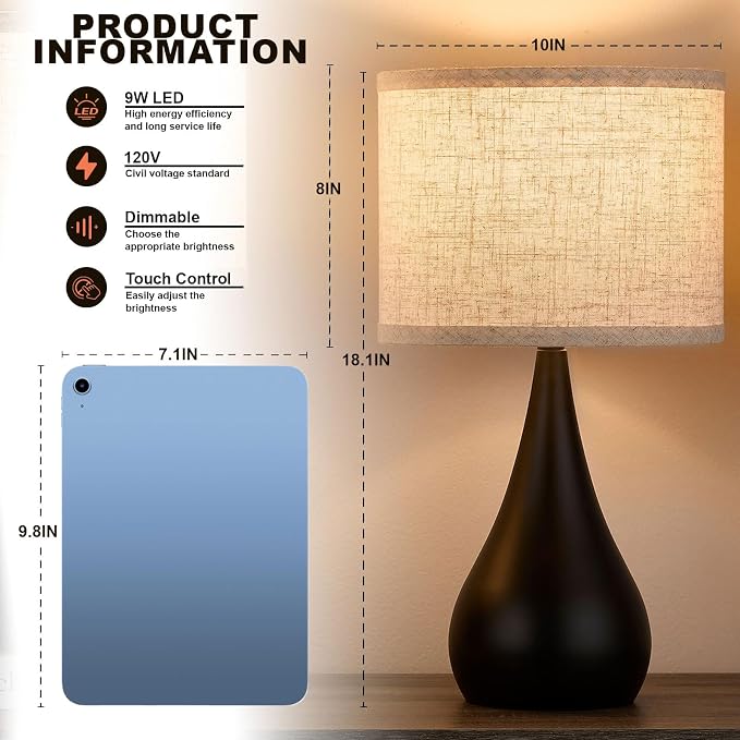 18.1'' Small Modern Touch Lamps for Nightstand Set of 2 with 3 Way Dimmable, Table Lamps for Living Room, Office, Bedside Lamps with Heavy Iron Base, Touch Switch, Bulb Included, Black