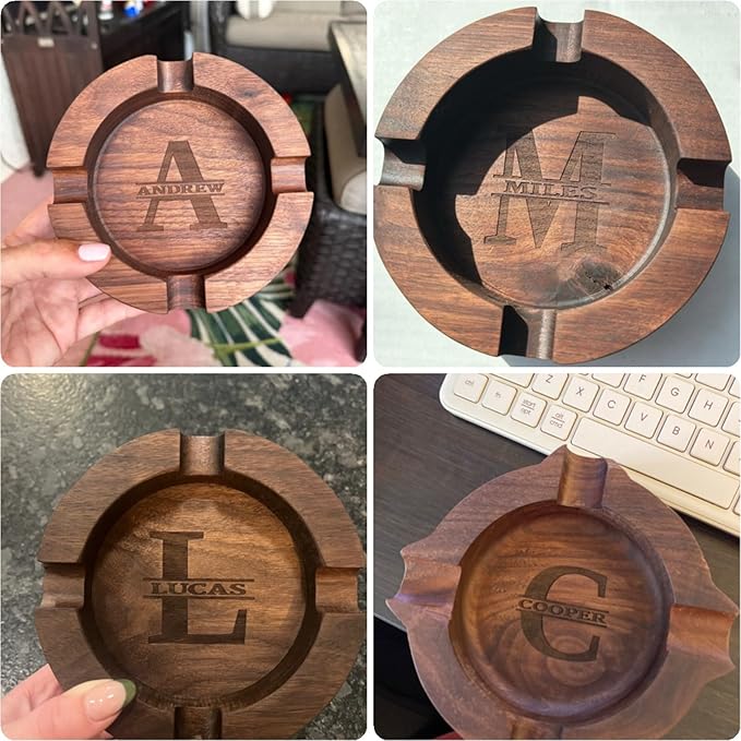 Personalized Name Walnut Cigar Ash Tray for Men Custom Wooden Cigar Ashtray for Outdoors Engraved Monogramed Ashtray Gifts for Father's Day Husband Fathers Groomsmen Papa Grandpa from Daughter Wife
