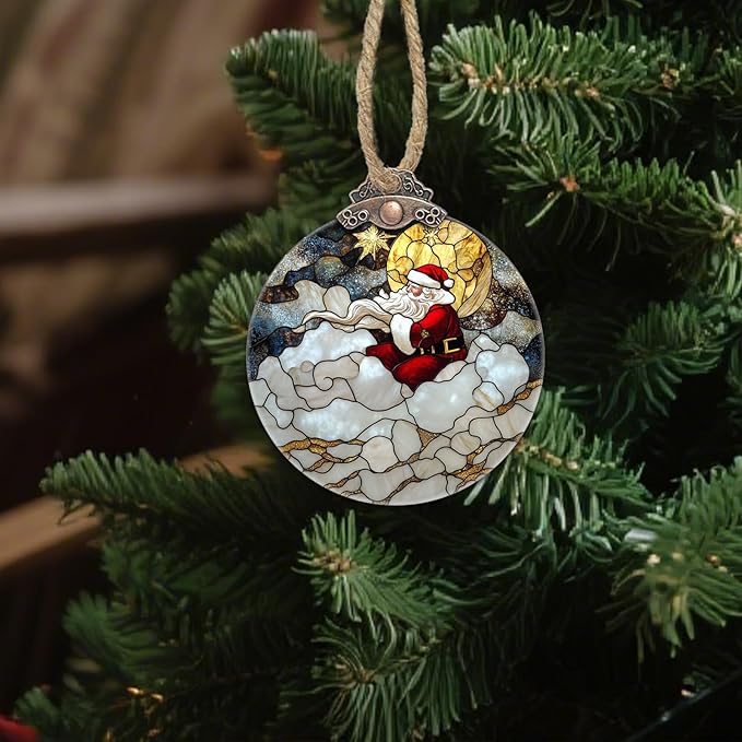 DASTOLL Stained Glass Christmas Decorations, Golden Moon Santa Claus Cloud Suncatcher for Window Christmas Tree Hanging Ornaments Sun Catcher Xmas Decor Gifts for Women Men Mom Nana Friend