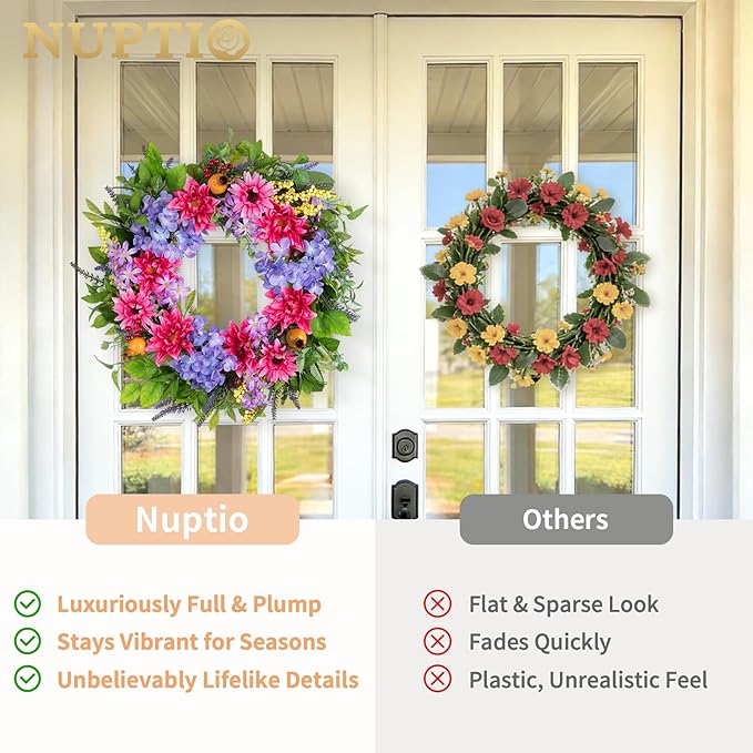 NUPTIO Summer Wreath for Front Door: 24 Inch Spring Wreaths with Hydrangea Lavender Lilac Dahlia Gerbera Hanger - Outdoor Indoor Realistic Artificial Flowers Holiday Decor for Wall Window Porch