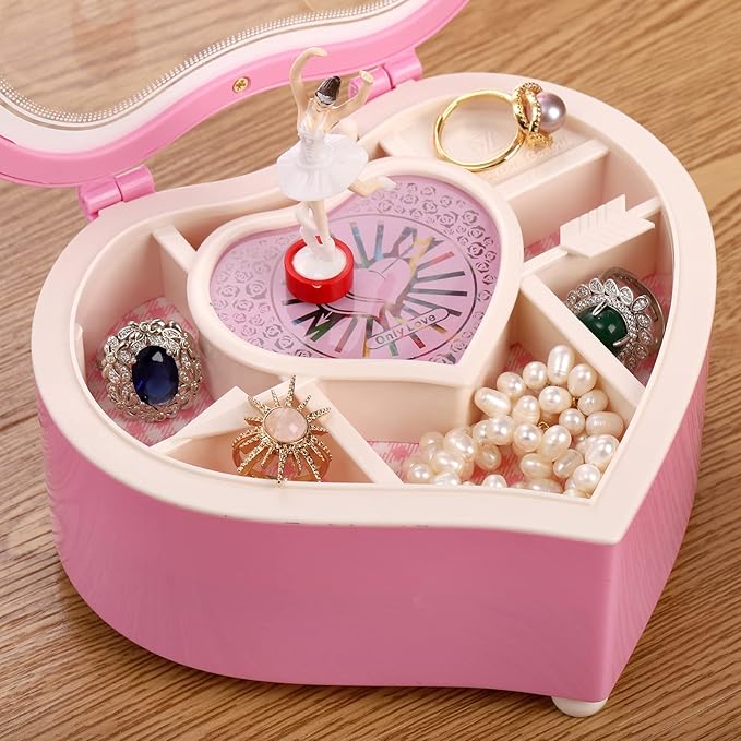 yarlung Ballerina Music Box for Valentine's Day Gift, Pink Heart Rotating Dancing Girl Gift Box for Jewelry, Trinket, Mother's Day Birthday