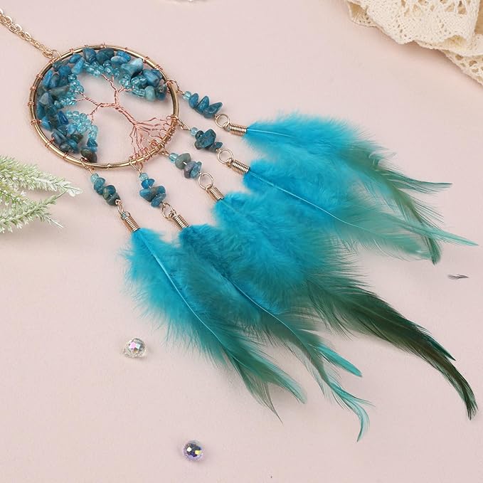 Pretty Jolly Small Tree of Life Crystal Stone Dream Catchers Blue Feathers Mini Dreamcatchers for Cars Rear View Mirror Hanging Decoration Good Luck Travel Charm Bedroom Ornaments for Women Girls