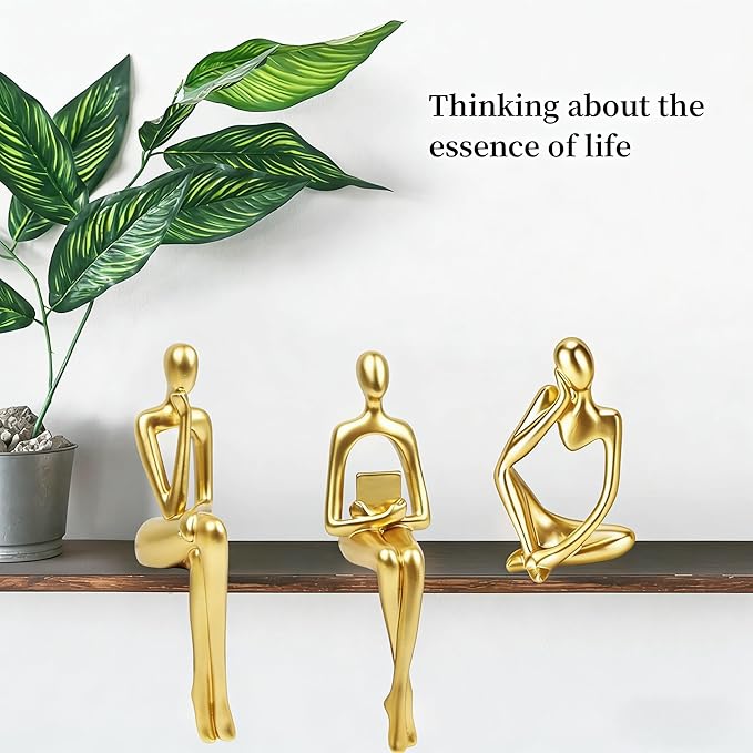Prettidecor Gold Home Decor Thinker Statue Accents, Set of 3 Thinker Sculptures Office Decor Modern Abstract Resin Decoration on Shelf Table Desk for Living Room Office Bedroom (Gold, Large)