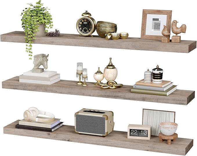 RALGEND Floating Shelves for Wall, 47.2" Large Grey Wall Shelf Set of 3 with Invisible Brackets, 1.5" Thick Hanging Book Shelves Farmhouse Decor for Bathroom, Living Room, Bedroom, Greige 12301BJP3BG