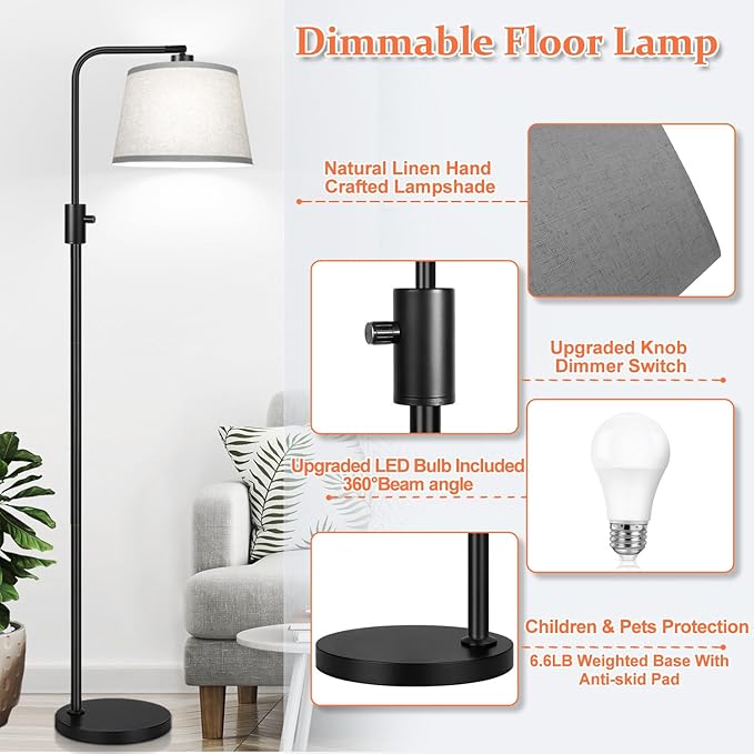 【Upgraded】 Dimmable Floor Lamp, 1000 Lumens LED Edison Bulb Included, Arc Floor Lamps for Living Room Modern Standing Lamp with Gray Shade, Tall Lamps for Living Room Bedroom Office Dining Room
