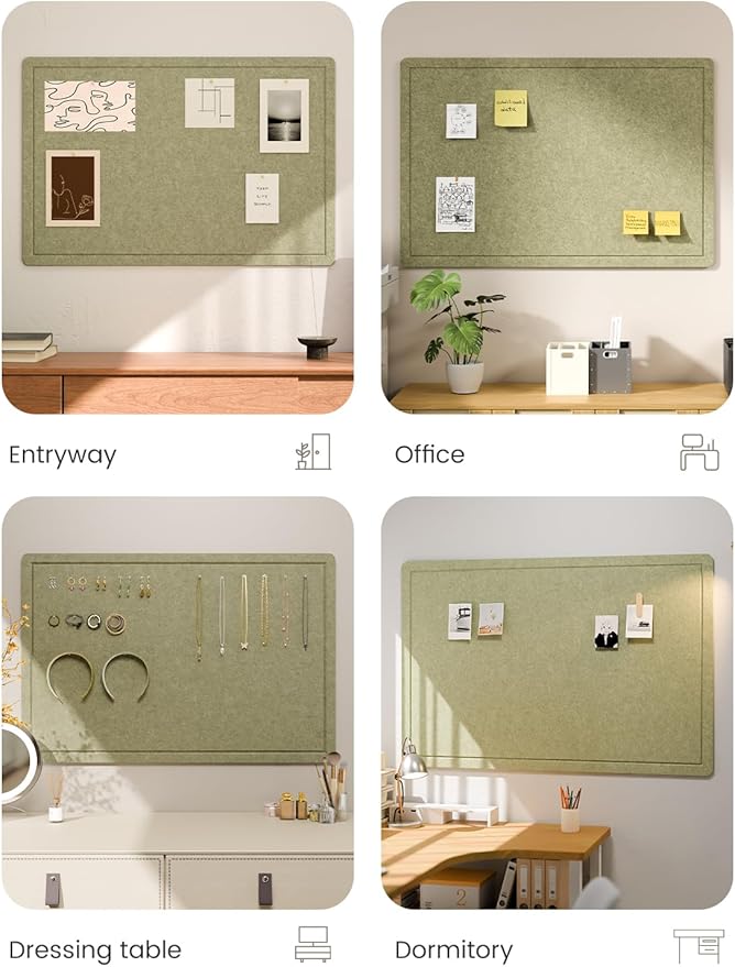 Fluxynara Bulletin Board,35.4" x 23.6" Cork Board Alternative with 12 Safe Removable Adhesive Tabs, Foldable Felt Pin Board for Home Office, Classroom, Bedroom,Entryway for Walls—Olive Green
