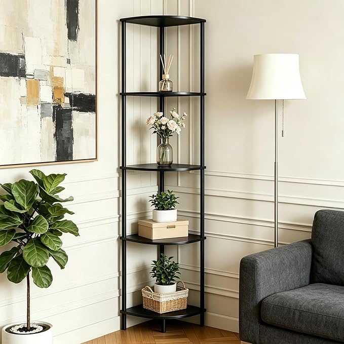 5-Tier Corner Shelf Stand,Tall Narrow Bookshelf for Small Spaces,Rustic Wood & Metal Storage Shelf,Display Plant Stand with Anti-Tip Straps for Bedroom,Living Room,Bathroom,Black
