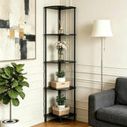5-Tier Corner Shelf Stand,Tall Narrow Bookshelf for Small Spaces,Rustic Wood & Metal Storage Shelf,Display Plant Stand with Anti-Tip Straps for Bedroom,Living Room,Bathroom,Black