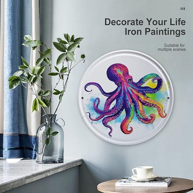 Wall Picture, with Colorful Octopus Printed Circular Iron Hanging Picture,Wall Art Decor,Home for Bedroom Living Room Bathroom Decor,Iron Painting 11.8X11.8 in