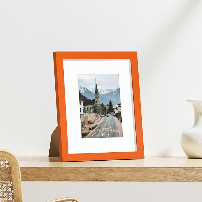 Vittanly 8x10 Picture Frames Set of 9, Shatter Resistant Plexiglass, Display 5x7 Pictures with Mat or 8x10 without Mat, Photo Frames for Wall or Tabletop, Engineered Wood, Orange