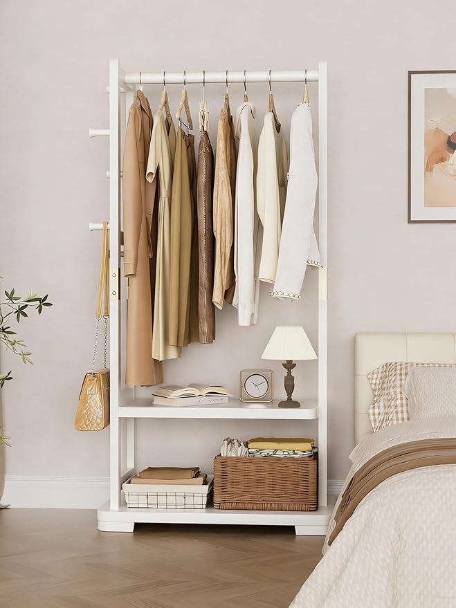 Solid Wood Clothes Rack with 2 Shelves & 4 Hooks for Hanging Clothes Garment Wallets Hats, White Clothing Rack Heavy Duty Coat Rack Freestanding with Storage Hall Tree for Hallway Bedroom Living Room