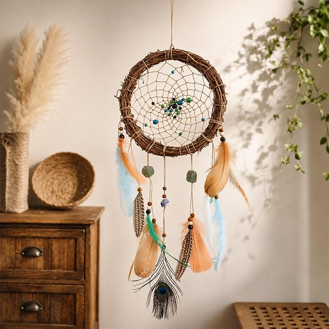 Rattan Dream Catchers with Peacock Feather, Boho Wall Decor Rustic Wooden Native American Wall Art for Bedroom Living Room (Green Blue Mix)