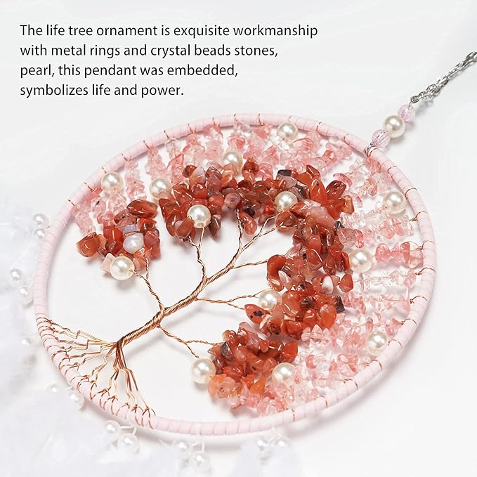 Pretty Jolly Fairy Pink Tree of Life Dream Catcher Wall Decor with Healing Crystal Stone Handmade Feather Dream Catchers Decoration Wall Hanging Bedroom Living Room Wedding Party Home Decor-25.6"