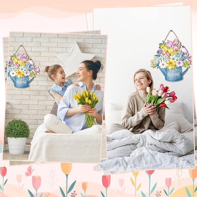 Juexica Spring Decorations for Home Spring Wreaths for Front Door Welcome Sign Flowers Door Hanger Decorations Rustic Flower Wall Decor Easter Party Outdoor Indoor Home Decor