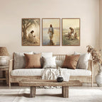 KAlRNE Vintage Christian Framed Canvas Wall Art Set of 3(16”X24”),Jesus Bible Story Wall Decor,Spiritual Religious God Painting,Neutral Inspirational Beige Art Prints For Living Room Bedroom Church